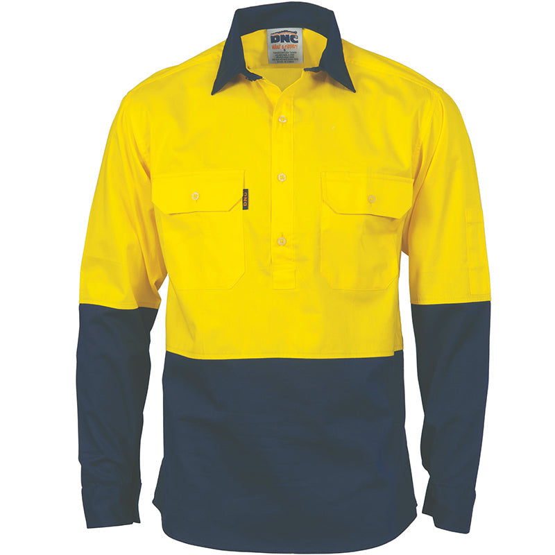 3934 DNC HI VIS CLOSED FRONT DRILL LONG SLEEVE SHIRT 155GSM