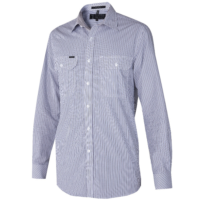 RMPC058 MENS YARN DYE STRIPE LONG SLEEVE SHIRT DUAL POCKET