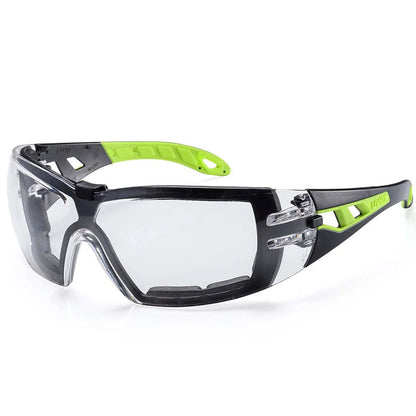 9192-305G UVEX PHEOS BLACK/GREEN FRAME CLEAR LENS WITH GUARD SAFETY GLASSES
