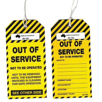 SDT50-8 OUT OF SERVICE TAG YELLOW/BLACK 8mm EYE PACK/100
