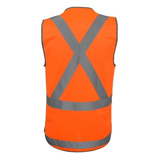 SDV12 HI-VIS VEST 3M TAPE-NO TAIL X PATTERN WITH 1 HOOP AT BOTTOM OF VEST VELCRO CLOSURE
