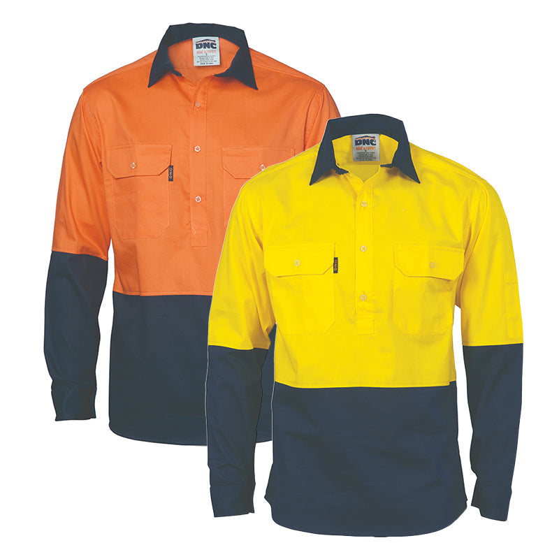 3934 DNC HI VIS CLOSED FRONT DRILL LONG SLEEVE SHIRT 155GSM