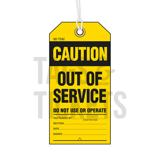 SDT332 WATER PROOF CAUTION OUT OF SERVICE TAGS YELLOW/BLACK – 80X160mm, 8mm EYELET & STRING  PACK = 100