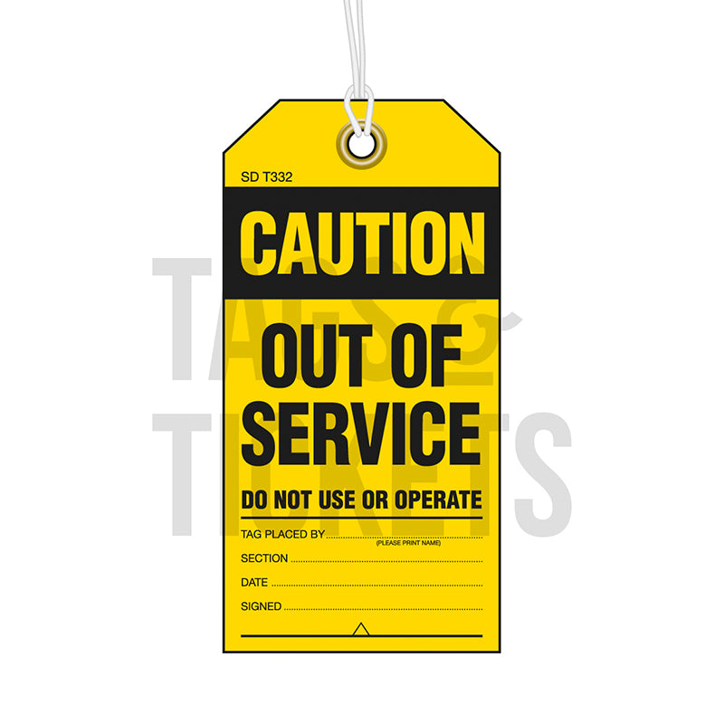 SDT332 WATER PROOF CAUTION OUT OF SERVICE TAGS YELLOW/BLACK – 80X160mm, 8mm EYELET & STRING  PACK = 100