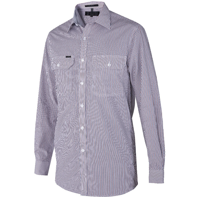 RMPC058 MENS YARN DYE STRIPE LONG SLEEVE SHIRT DUAL POCKET