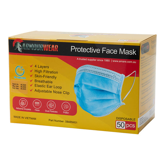 ARMOURWEAR SINGLE USE BLUE NON-SURGICAL PROCEDURE MASK 4 PLY BOX=50
