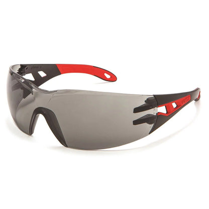 9192-085 UVEX PHEOS BLACK/RED FRAME 14% VLT GREY SAPPHIRE LENS SAFETY GLASSES