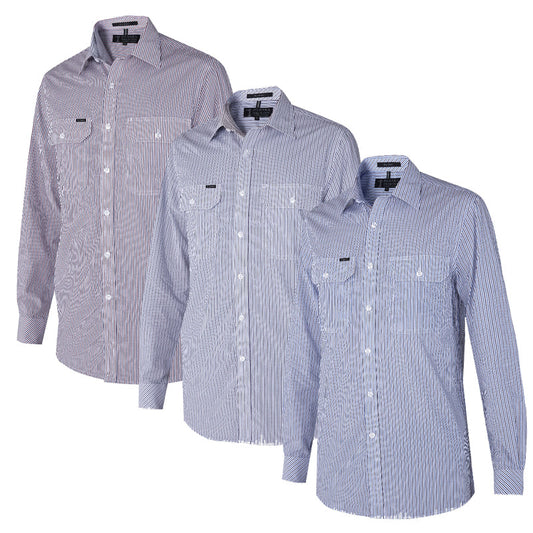 RMPC058 MENS YARN DYE STRIPE LONG SLEEVE SHIRT DUAL POCKET