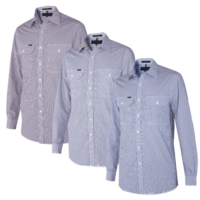 RMPC058 MENS YARN DYE STRIPE LONG SLEEVE SHIRT DUAL POCKET