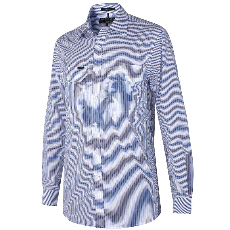 RMPC058 MENS YARN DYE STRIPE LONG SLEEVE SHIRT DUAL POCKET