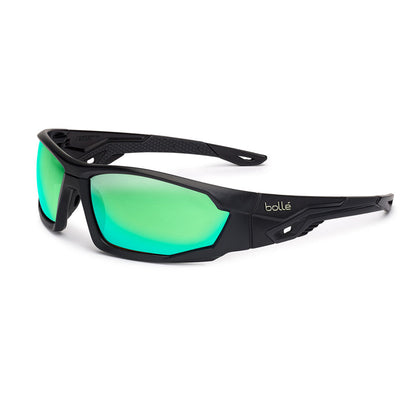 PSSMERCP10 BOLLE MERCURO GREY/BLACK TEMPLES GREEN FLASH POLARISED LENS SAFETY GLASSES WITH SOFT DRAWSTING POUCH