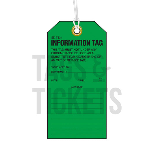 SDT334 WATER PROOF INFORMATION TAGS GREEN/BLACK – 80X160mm, 8mm EYELET & STRING  PACK = 100
