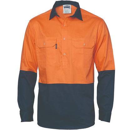 3934 DNC HI VIS CLOSED FRONT DRILL LONG SLEEVE SHIRT 155GSM