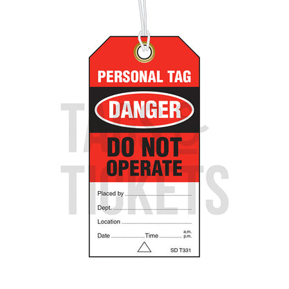 SDT331 WATER PROOF PERSONAL DANGER DO NOT OPERATE TAGS RED/BLACK/WHITE – 80X160mm, 8mm EYELET & STRING  PACK = 100