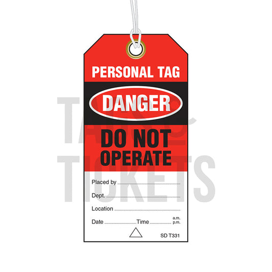 SDT331 WATER PROOF PERSONAL DANGER DO NOT OPERATE TAGS RED/BLACK/WHITE – 80X160mm, 8mm EYELET & STRING  PACK = 100