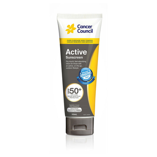 1286 CANCER COUNCIL SUNSCREEN 110ml TUBE ACTIVE SPF 50+